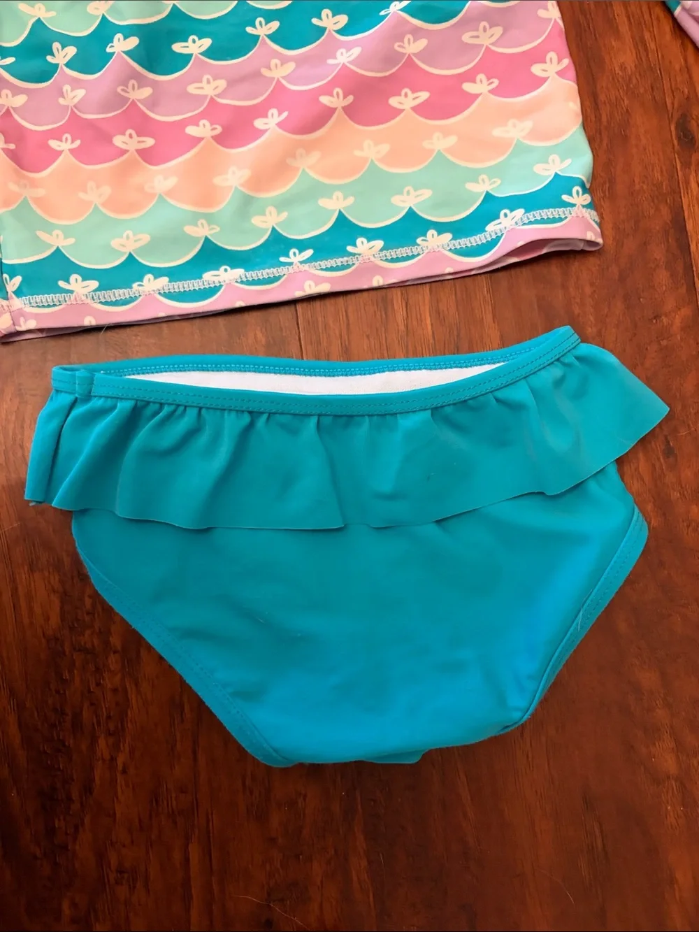 Ruffle Butts-Girls' Long Sleeve Rash Guard Bikini Set - Wave Print & Teal Bottom
